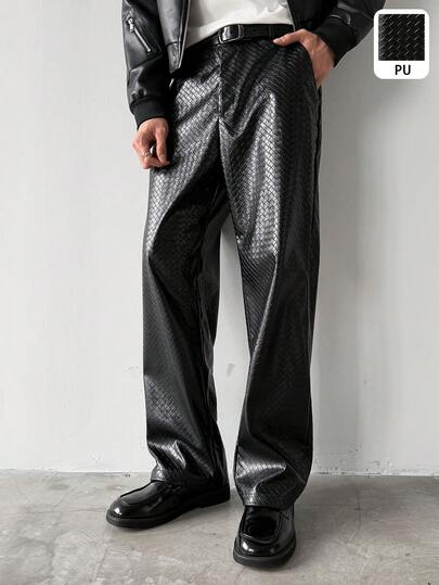 HUEFORM Men's Black Pu Woven Texture Straight Fit  Casual Black Pants,The Fabric Is Stiff And Flattering,Must-Have Fashion Item; Pair It With A Simple Top For An Outing.For Men Men S Flare Pants Men Silver Black Pants Men S Wide Leg Pants Rhinestone Pants Men Men Baggy Wide Pants