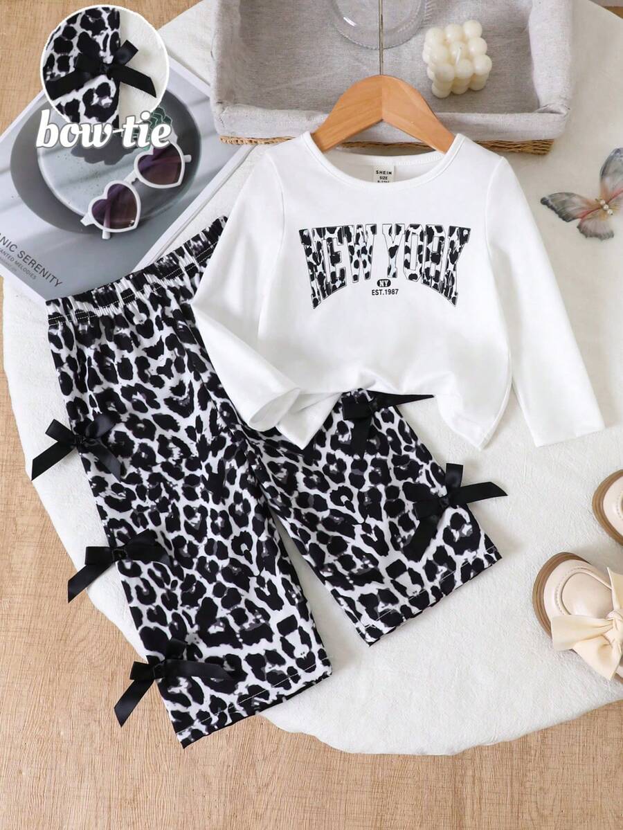 Baby Girls' Casual Chic T-Shirt Set, Knit Fabric White Solid Color With Leopard Print & Letter Pattern Round Neck Long Sleeve T-Shirt Top Paired With Black Textured Bow Leopard Print Pattern Casual Pants, 2pcs Set, Suitable For Baby Girls Spring Summer Autumn Fashionable Daily Casual Wear, Outdoor Travel Holiday Photo Shoot