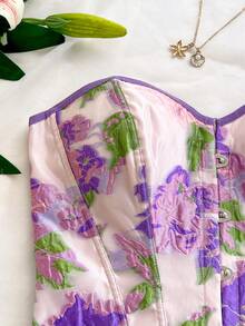 Soleia Top court bandeau style vintage avec imprimé floral jacquard, avec boutons et lien dans le dos pour femmes - Multicolore - Voir 4