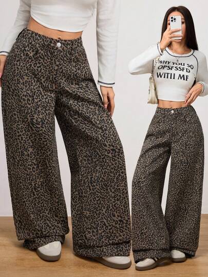 SHEIN PETITE Winter Women's Fashion Leopard Print Party Christmas New Year Wide Leg Brown Leopard Jeans
