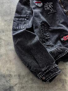 AXEPEAK 男士字母贴布拉链休闲夹克，带毛领 - 黑色 - 查看 4