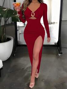 INAWLY Sexy anliegendes Kleid mit Raffungen, Metallknöpfen, hohem Schlitz und Spaghettiträgern, elegantes Langarm-Damenkleid - Bordeaux - Übersicht 3