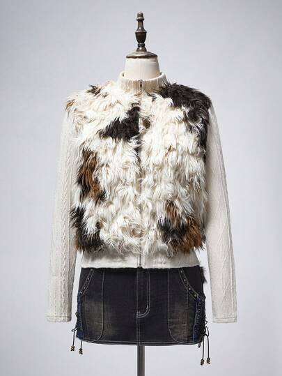 Grunge Punk Cow Print Curly Fur Patchwork Jacquard Knit Stand Collar Faux Fur Coat For Women