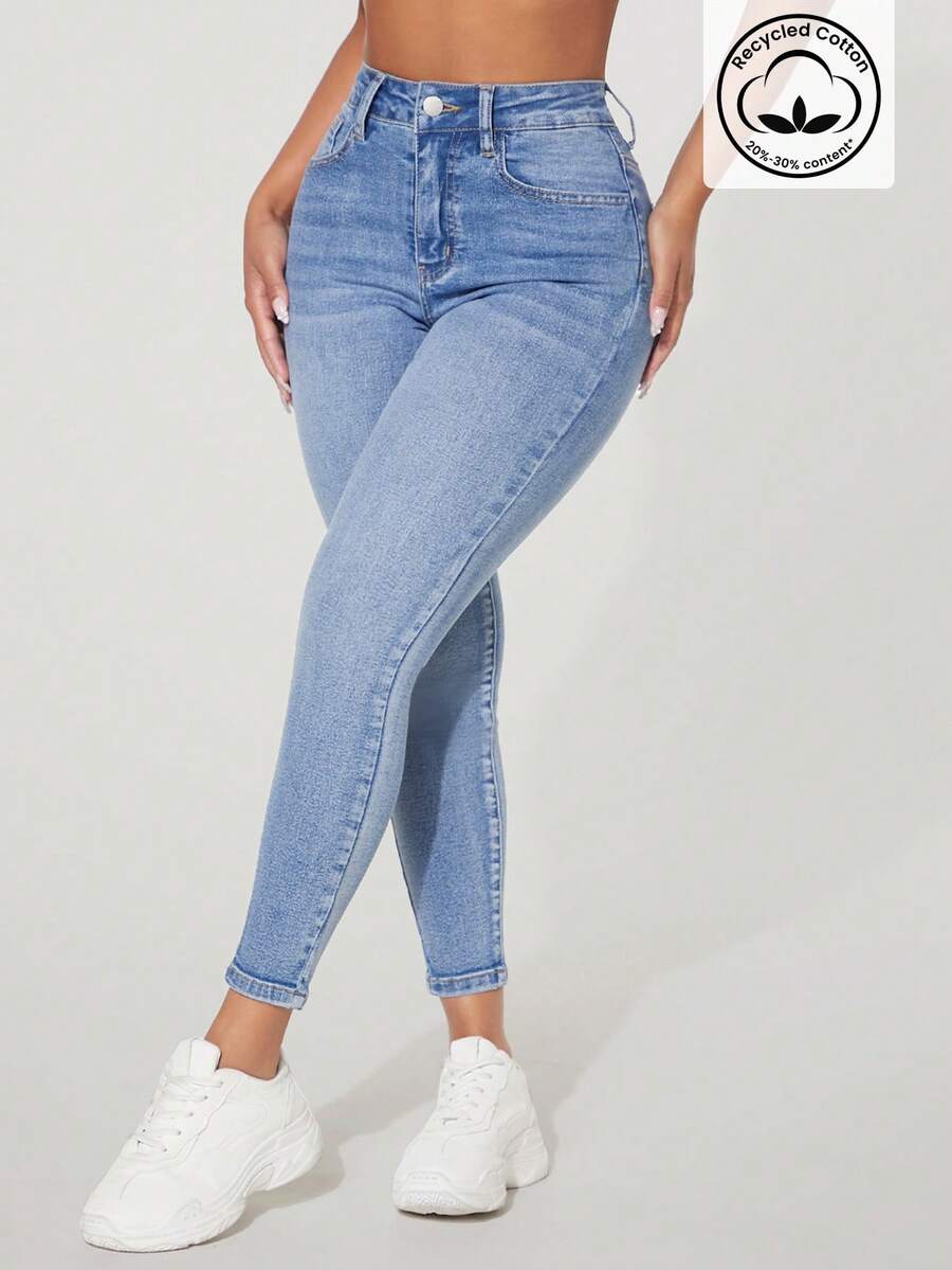 SHEIN PETITE 女士休闲街头风口袋修身牛仔裤 - 藍色 - 查看 1