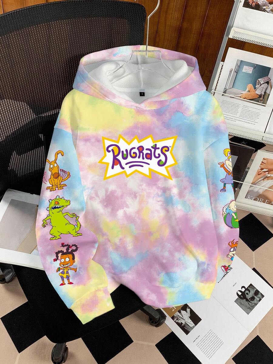 Nick 90s | SHEIN 女士休闲时尚街头扎染字母印花宽松套头卫衣，带保暖内衬，适合日常通勤、秋冬季穿着 - 白色 - 查看 1