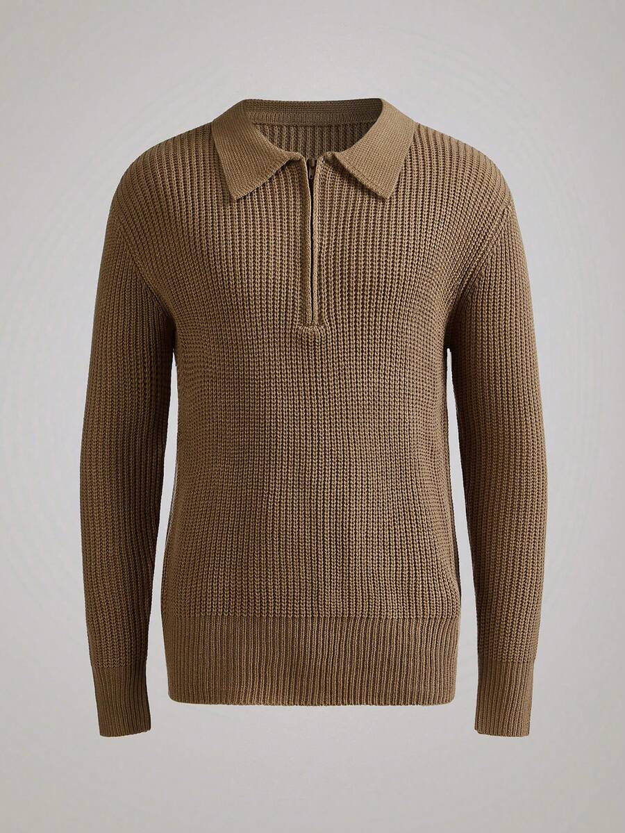 Men's Casual Zip-Up Knitted Sweater With Collar, Versatile For Autumn/Winter - View 1
