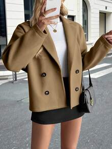 Pariaura 优雅别致的宽松单肩翻领双排扣针织外套，秋冬 - 卡其色 - 查看 6