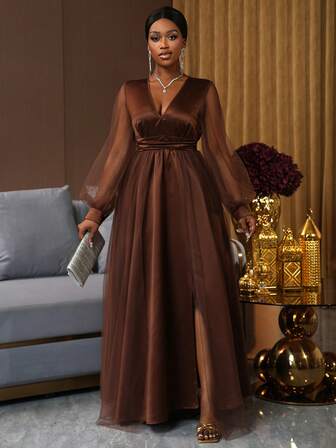 SHEIN Ladiora Vestido midi de línea A con cuello en V elegante, de tela de malla y satén, para fiesta de cóctel, banquete