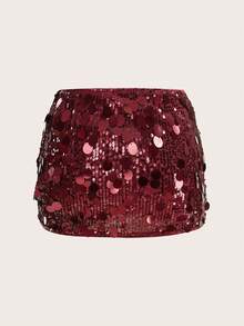 SHEIN ICON Black Bodycon High Waist Super Short Women's Mini Skirt Burgundy Skirt Sequin Skirt - Burgundy - View 2