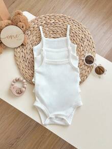 SHEIN Everyday Casual Baby Girls White Plain Cami Bodysuit Soft Fabric Sleeveless,Kids - White - View 3