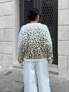 EURMUSE Moher Yarn Pullover Leopard Pattern Pullover Fall Winter - Brown - View 2