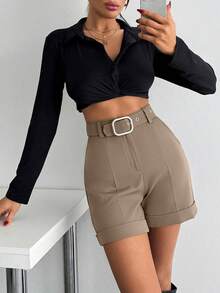 EURMUSE Women Elegant Solid Color Short With Belt Details - Camel - View 4