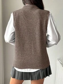 Zielony 女士休闲纯色针织背心，秋冬季百搭单品 - 咖啡棕 - 查看 2
