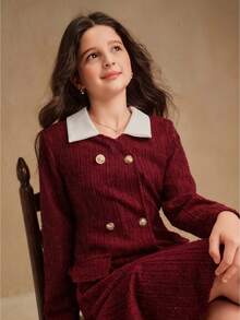 SHEIN Abrigo de lana con cuello de solapa, manga larga, doble botonadura y dobladillo con volantes de color block elegante para niñas preadolescentes - Burdeos - Ver 5