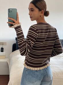 Livesso Women's Casual Striped Frill Trim Cardigan, Autumn/Winter - Brown - View 2