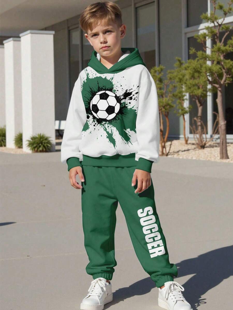 2 件青少年男孩休闲简约长袖连帽运动衫套装，适合秋冬季，经典足球图案印花 - 彩色 - 查看 1