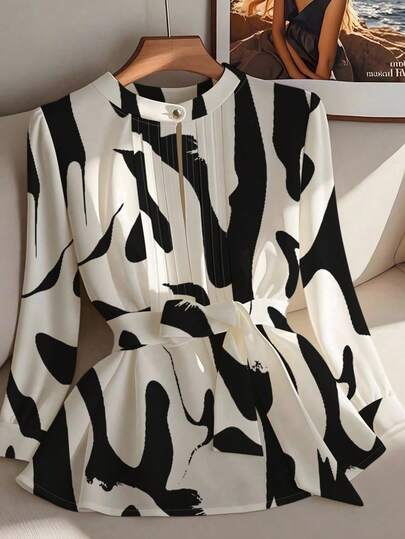 Franclia Women's Round Neck Long Sleeve Pleated Print Fashion Blouse All White Casual Outfits Spring Clothes For University Fall Cloth For Women