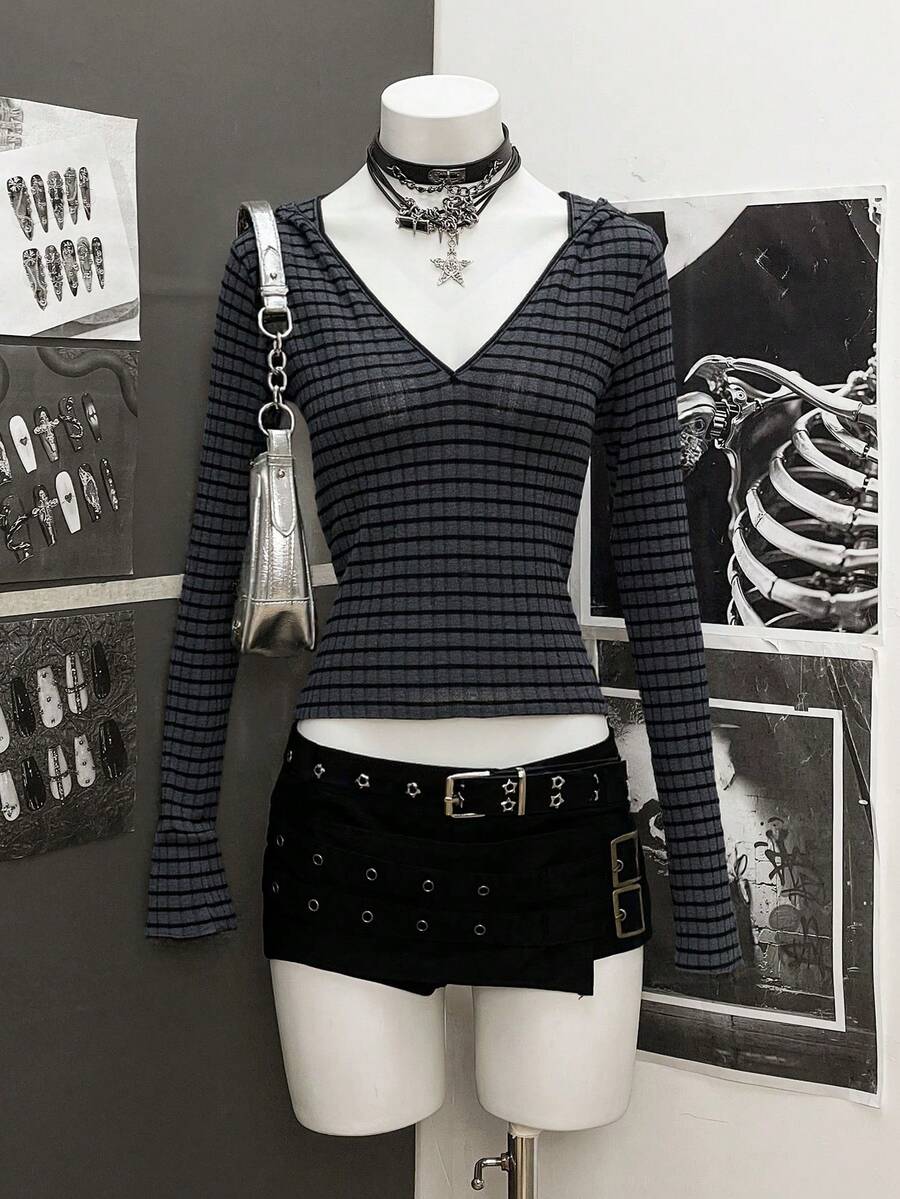 SHEIN Unity Sudadera con capucha de manga larga a rayas grises y negras de estilo gótico punk para mujer - Gris Oscuro - Ver 1