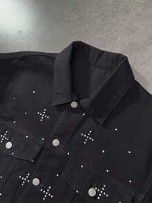 ROMWE MEN Men's Rhinestone Cross Pattern Long Sleeve Single-Breasted Denim Jacket - Black - View 3