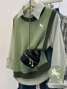 Franclia Women's Casual Knitted Vest With Knight Embroidery, Autumn/Winter