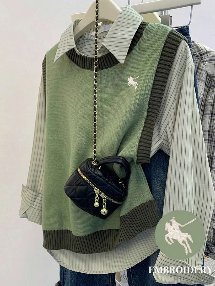 Franclia Women's Casual Knitted Vest With Knight Embroidery, Autumn/Winter