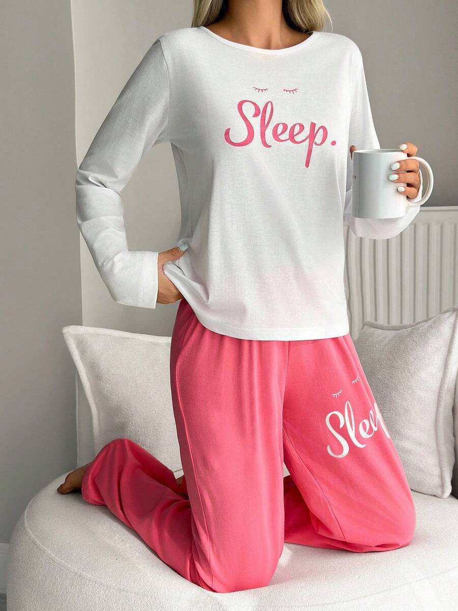 EURMUSE Women 2 Pcs Contrast Colour Lettered Printed Long Sleeve Top&Sloid Colour With Lettered Detail Pants Homewear Set - Multicolor - View 1