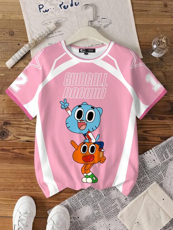 GUMBALL X SHEIN Women's Colorblock Cartoon Pattern Round Neck Short Sleeve T-Shirt Suitable For Going Out