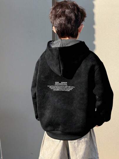 DAZY Tween Boy Casual Loose Fit Letter Print Fleece Sweatshirt, Street Style For Autumn Sweatshirt