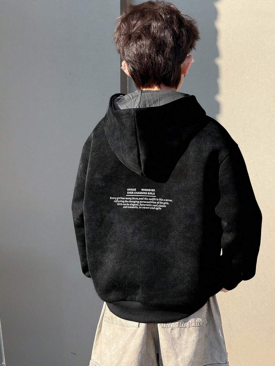 DAZY Tween Boy Casual Loose Fit Letter Print Fleece Sweatshirt, Street Style For Autumn Sweatshirt - Dark Grey - View 1