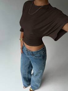 SHEIN PETITE CURVE Plus Size Women Solid Color Pleated Fashionable Versatile Mid-Sleeve T-Shirt