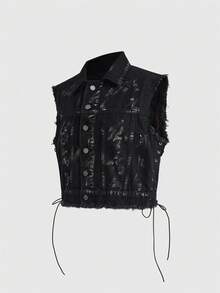 ROMWE Grunge Punk 暗黑朋克风骷髅、星星、眼睛印花女式牛仔背心外套