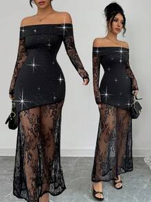 Elenzga Women's Off Shoulder Contrast Lace Long Sleeve Fishtail Hem Elegant Dress