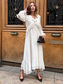Pariaura Autumn New Arrival: French Elegant White Chiffon Dress With Layered Ruffles, V-Neck Tie Detail, Waist-Defining Silhouette, Long Sleeves With Flared Cuffs– A Long-Length Fairy Dress Exuding Timeless Grace White Elegant Dress Long Sleeve White Dress Boho White Dress White Silk Dress French Style Dress - White - View 5