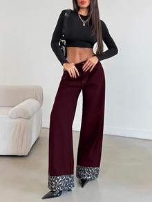 EURMUSE HIGH RISE WIDELEG JEAN WITH LEOPARD PETITE - Burgundy - View 3