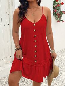 SHEIN Clasi Plus Size V-Neck Sleeveless Front Button Ruffle Hem Textured Slip Dress, Casual Vacation Beachwear - Red - View 6