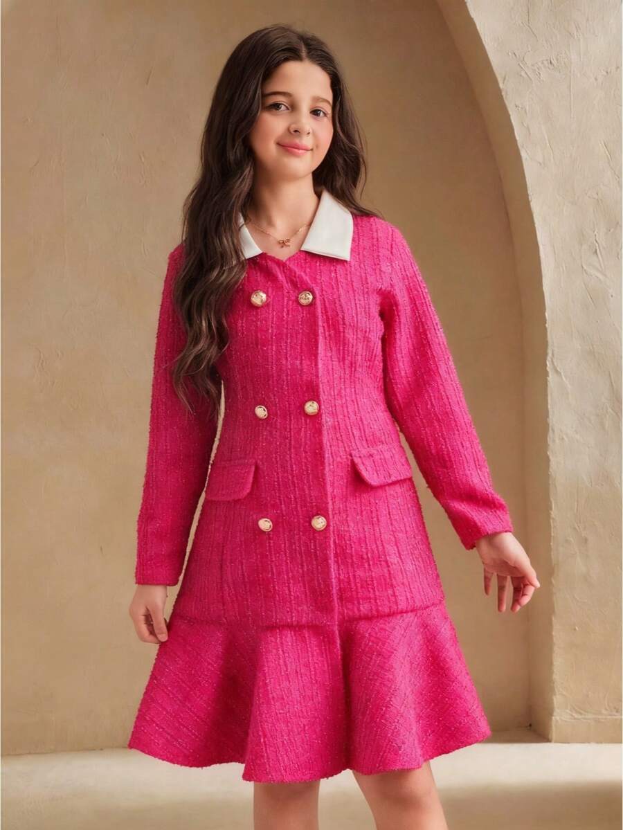SHEIN Abrigo largo de manga larga elegante con contraste de color de doble botonadura para niña preadolescente - Rosa Fucsia - Ver 1