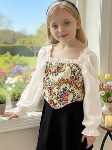 SHEIN Blouse décontractée pour préadolescentes avec manches bouffantes, patchwork floral sur fond unicolore. Blouse à manches longues avec motif floral, col carré pour préadolescentes et adolescentes. Blouse fleurie pour préadolescentes et adolescentes