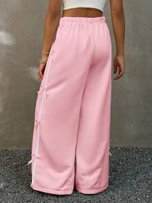 SHEIN 粉色少女蝴蝶装饰阔腿运动裤 - 粉色 - 查看 4