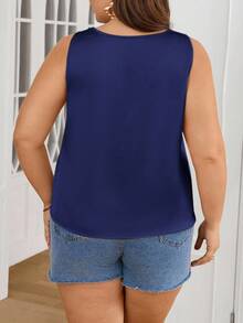 SHEIN Privé Elegant V-Neck Lace Splice Glossy Sleeveless Plus Size Blouse, Suitable For Office, Casual Outing, Travel & Holiday, Summer - Navy Blue - View 3