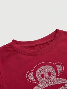 Paul Frank X ROMWE Y2K Baddie 亚文化休闲联名款镶钻女式修身T恤 - 紅色 - 查看 4