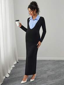 SHEIN Abito da donna in stile maternità, a maniche lunghe, con colletto, a righe, aderente e di stile - nero - Visualizzare 3