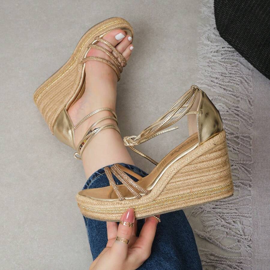 Elegantes sandalias de cuña con tiras doradas y diamantes decorativos para mujer, zapatos de plataforma con suela de cuerda - Dorado - Ver 1