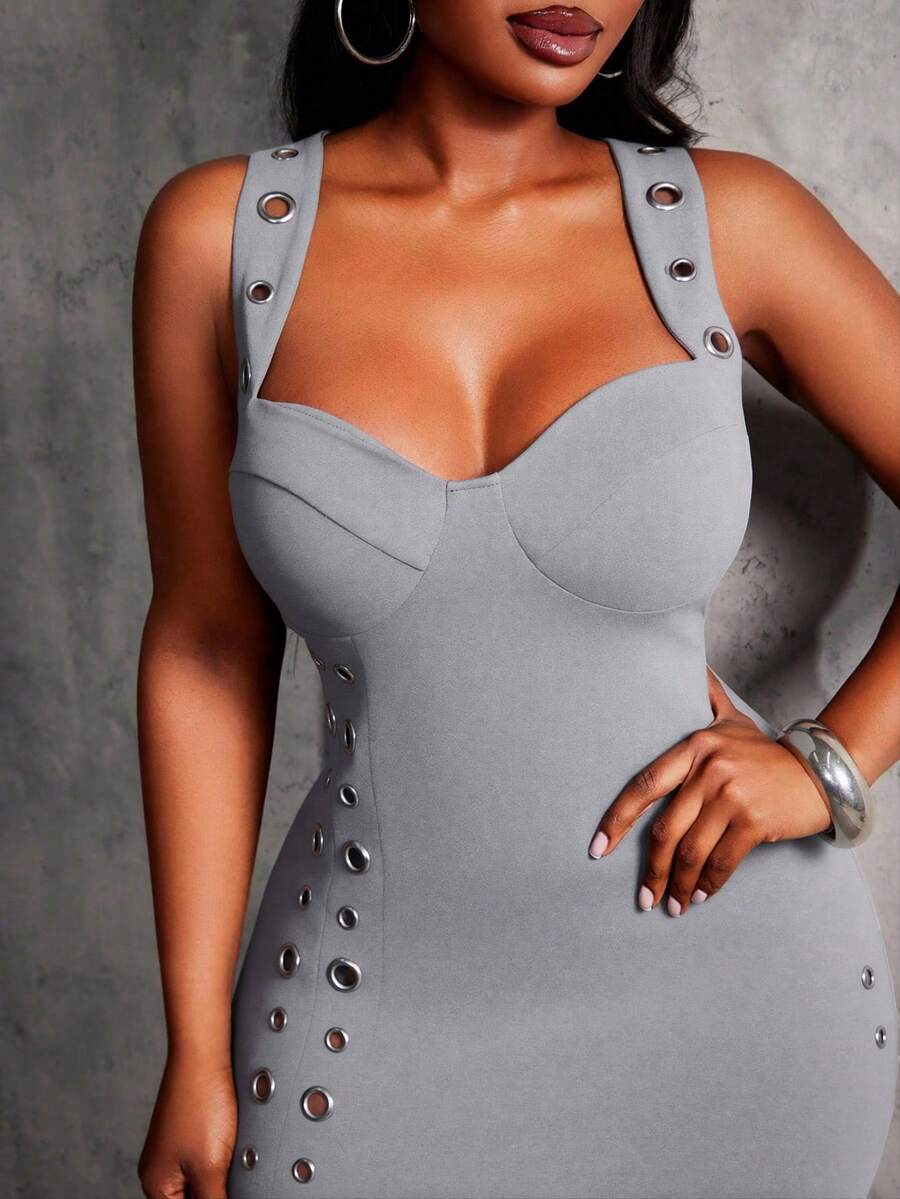 SHEIN SXY فستان حفلات أنيق وجذاب للمرأة البدينة، بحمالات واسعة، تزيين بالفتحات، ضيق، شق عالي، أسود - رمادي - مشاهدة 1