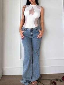 SHEIN SXY Women's White Mesh Patchwork Sleeveless Sexy Bodysuit - White - View 3