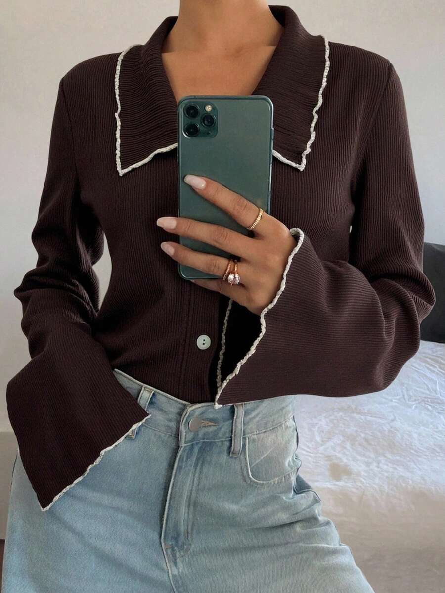 Livesso Áo khoác cardigan dài tay cổ bẻ thường ngày dành cho nữ, thiết kế tối giản, mặc hàng ngày, mùa thu - Cà phê nâu - Xem 1