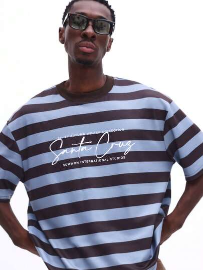 SUMWON Santa Cruz International Studios Boxy Fit Striped Short Sleeve Crew Neck Casual Comfort T-Shirt For Weekend Wear