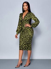 SOLERSUN 女士撞色蕾丝豹纹深V灯笼袖修身中长连衣裙，优雅通勤、休闲约会、性感浪漫情人节约会春夏新款 - 橄欖綠 - 查看 5