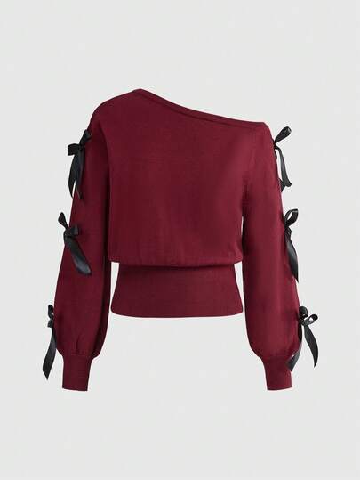 Kawaii pull femme avec nœud papillon décoratif, épaules dénudées et manches chauve-souris