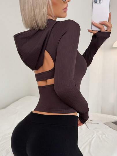 Slayform 女士纯色露背连帽休闲长袖卫衣