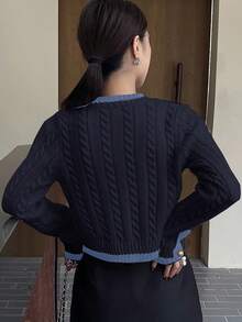 DAZY Women's Elegant Contrast Trim Button Knit Sweater, Autumn - Navy Blue - View 2